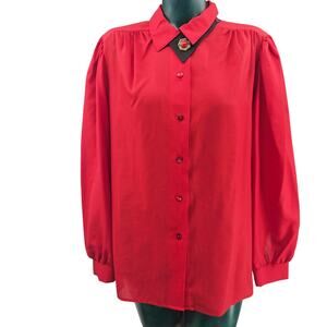Vintage 70's Red Matte Satin Button Shirt Western Secretary Blouse L 3857